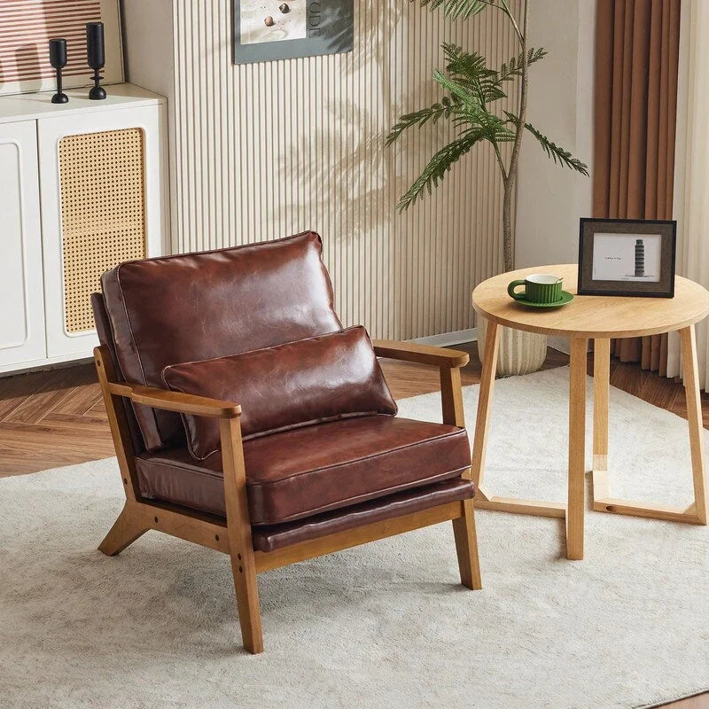 Fauteuil d'appoint rembourré en mélange de lin avec pieds en bois et un oreiller beige
