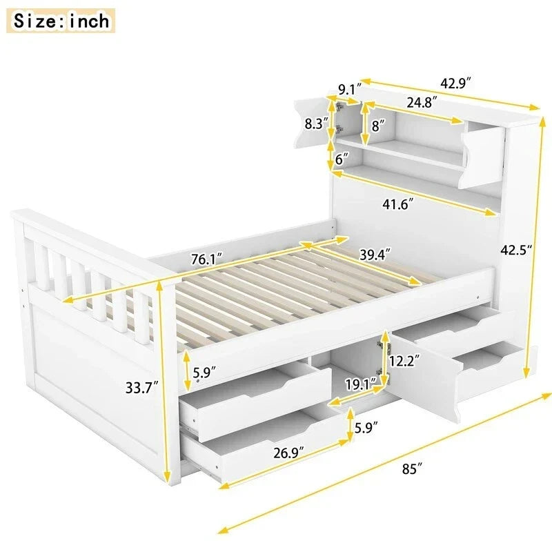 Lit plateforme capitaine double/grand avec 4 tiroirs et étagères de rangement, cadre de lit en bois massif avec tête de lit bibliothèque de rangement