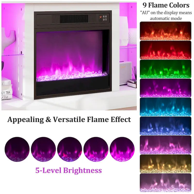 Meuble TV avec cheminée électrique, lumières LED et télécommandes