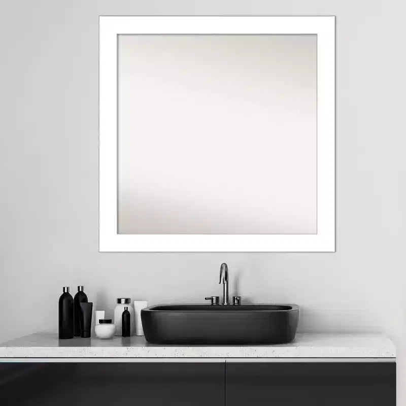 30" x 30" Non-Beveled Wedge White Bathroom Wall Mirror - Amanti Art: Modern Square Vanity, Includes Mounting Hardware