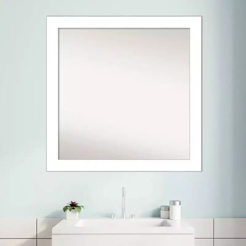30" x 30" Non-Beveled Wedge White Bathroom Wall Mirror - Amanti Art: Modern Square Vanity, Includes Mounting Hardware