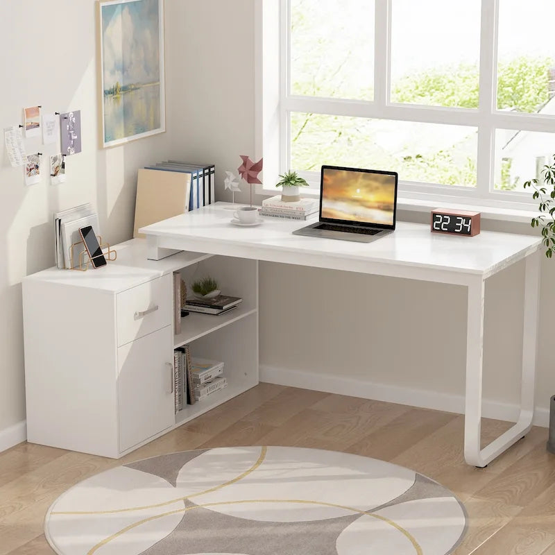 Bureau d'angle réversible blanc pivotant Bureau d'ordinateur