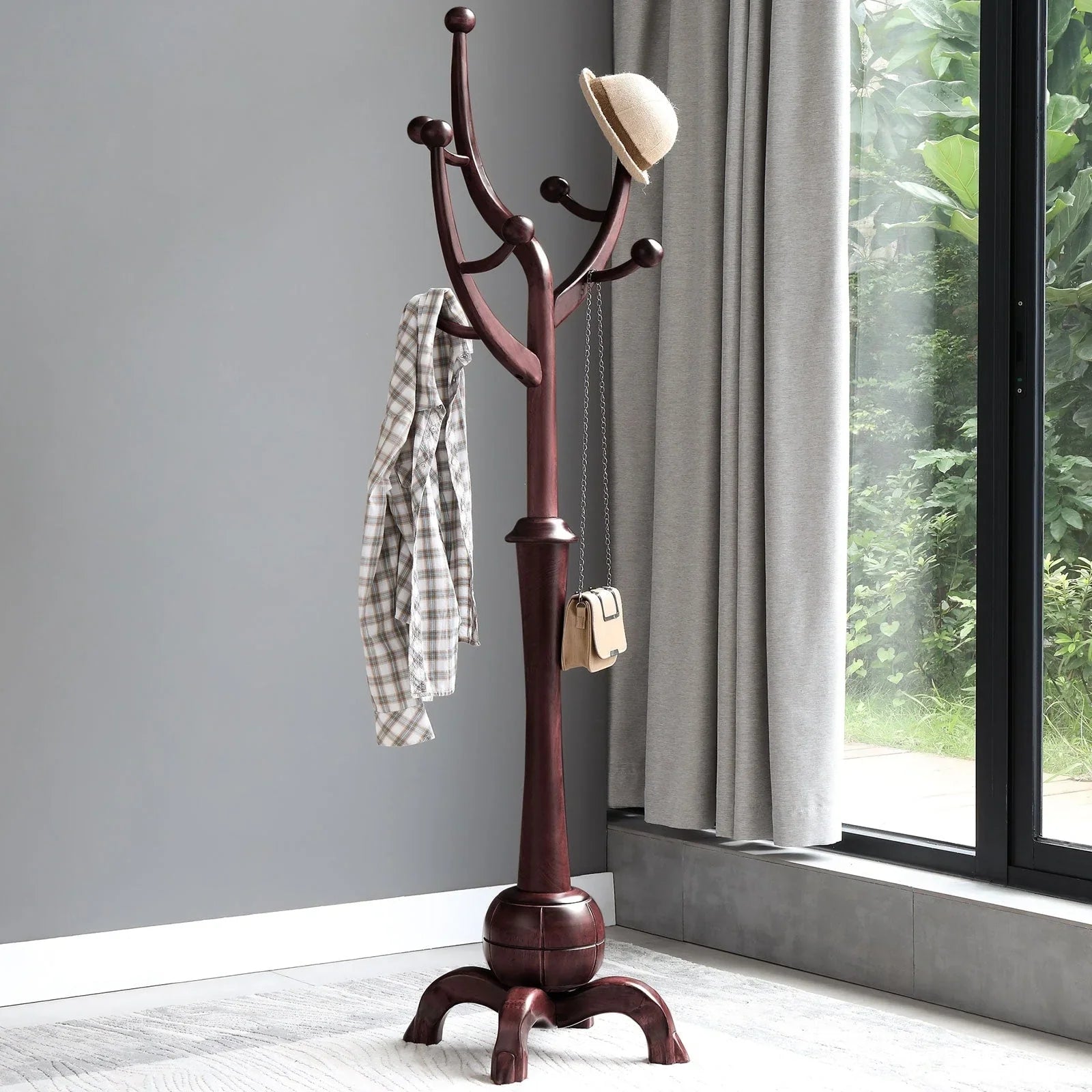 Porte-manteau sur pied en bois d'hévéa à motif de branches d'arbre avec 8 crochets - 24,5 l x 70,87 h