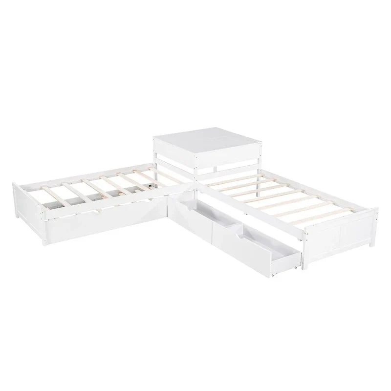 Lit plateforme en L moderne blanc de taille double avec lit gigogne et tiroirs pour chambre à coucher