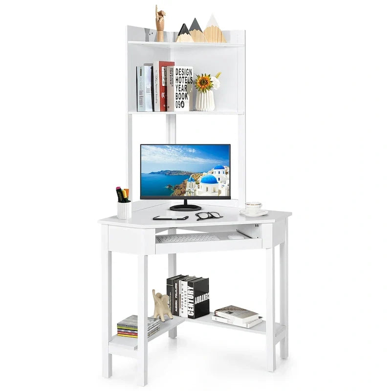 Bureau d'angle triangulaire avec huche - Étagères - Tablette clavier - Noir/Blanc