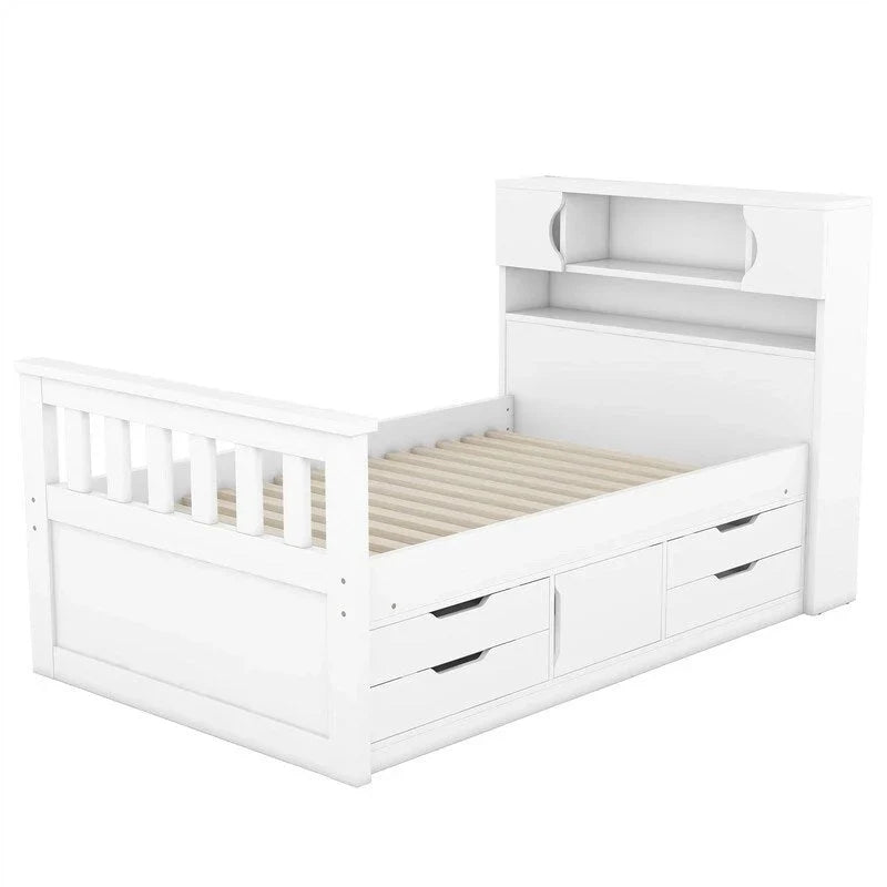 Lit plateforme capitaine double/grand avec 4 tiroirs et étagères de rangement, cadre de lit en bois massif avec tête de lit bibliothèque de rangement
