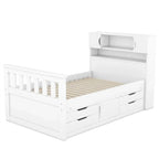 Lit plateforme capitaine double/grand avec 4 tiroirs et étagères de rangement, cadre de lit en bois massif avec tête de lit bibliothèque de rangement