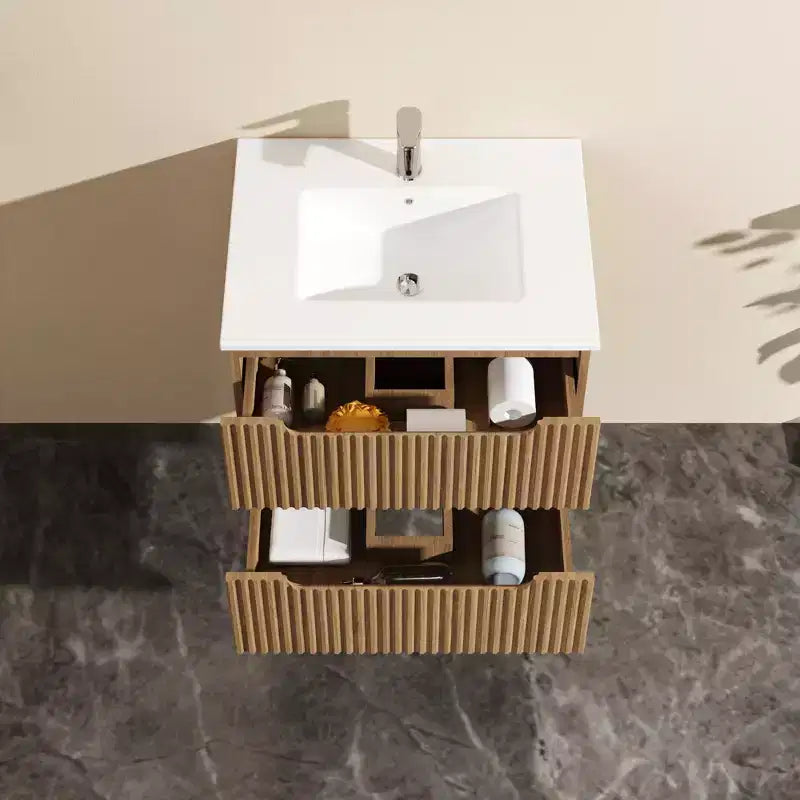 24 Inch Wall-Mount Bathroom Vanity Cabinet with White Basin Sink Combo Floating, Walnut