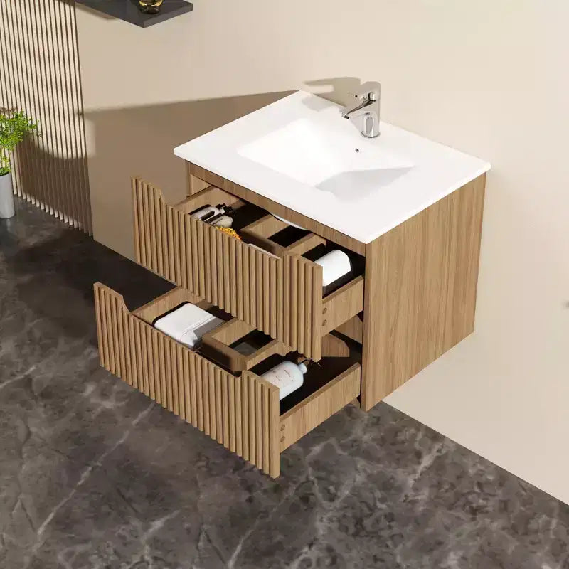 24 Inch Wall-Mount Bathroom Vanity Cabinet with White Basin Sink Combo Floating, Walnut