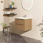 24 Inch Wall-Mount Bathroom Vanity Cabinet with White Basin Sink Combo Floating, Walnut