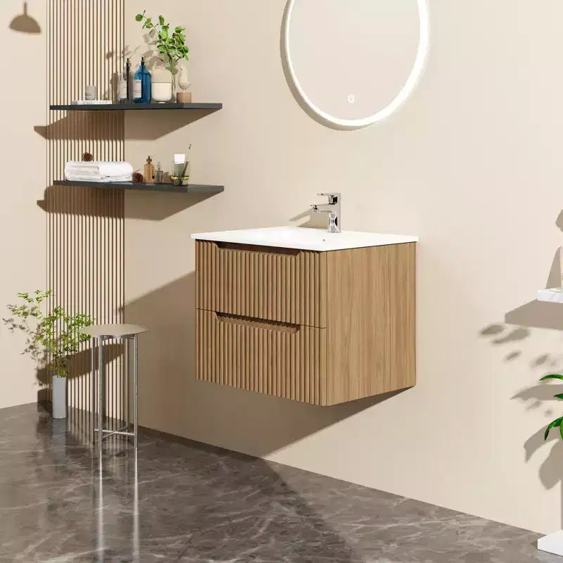 24 Inch Wall-Mount Bathroom Vanity Cabinet with White Basin Sink Combo Floating, Walnut