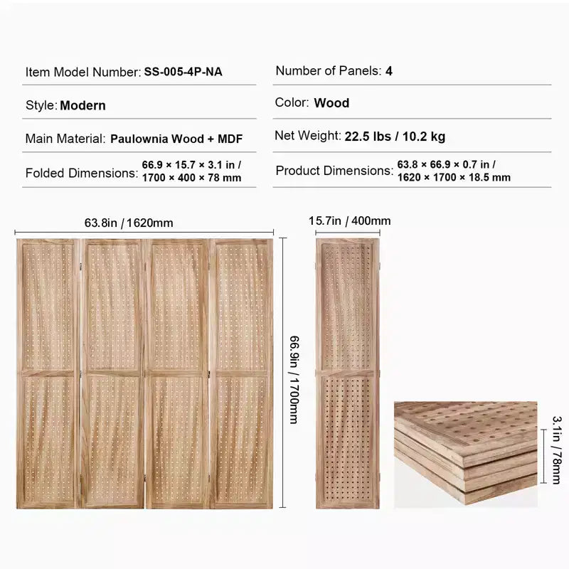 VEVOR Wood Room Divider, 4 Panel Wood Folding Privacy Screen, 66.9 Inches Tall Indoor Carved Partition Divider, Portable Decoration Screen