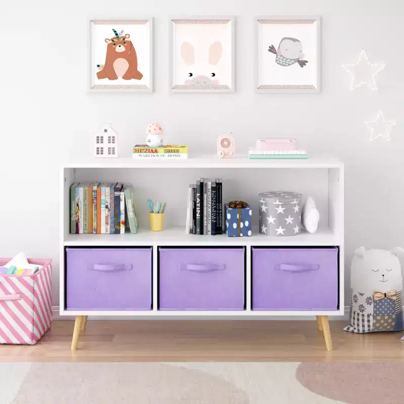 MAYEERTY Kid Bookshelf with Collapsible Fabric Drawers Toy Storage Cabinet Orangizer White and Purple