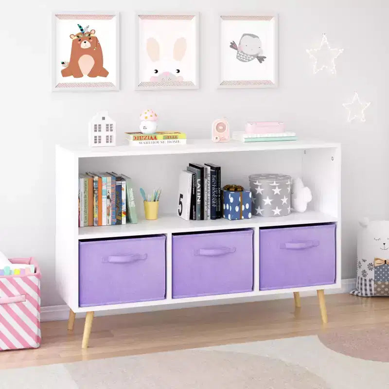 MAYEERTY Kid Bookshelf with Collapsible Fabric Drawers Toy Storage Cabinet Orangizer White and Purple