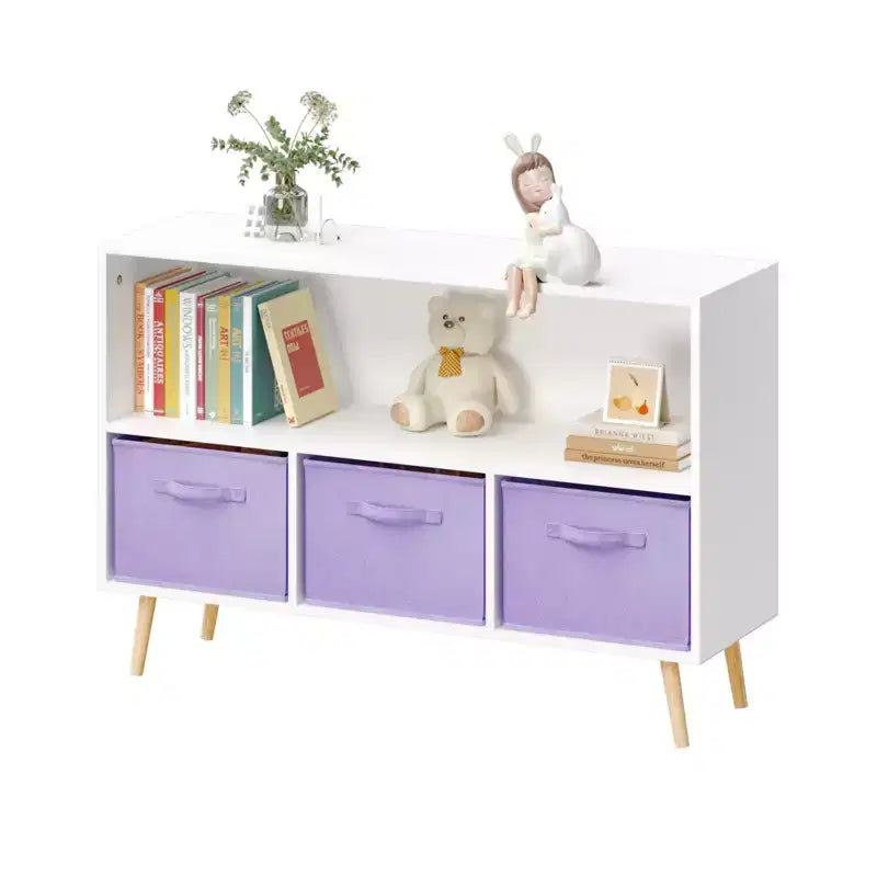 MAYEERTY Kid Bookshelf with Collapsible Fabric Drawers Toy Storage Cabinet Orangizer White and Purple