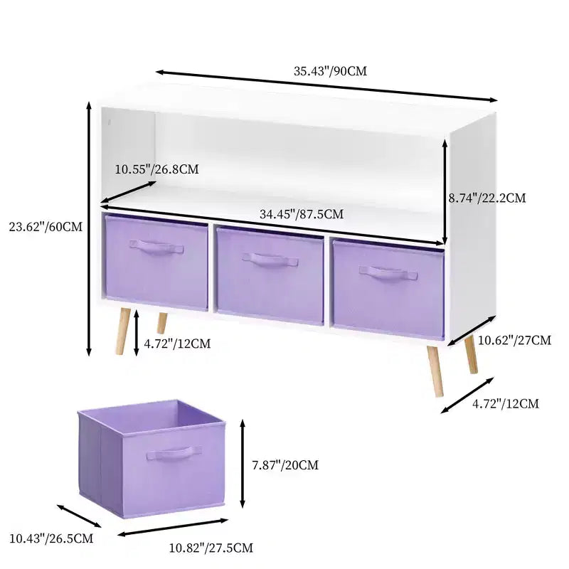 MAYEERTY Kid Bookshelf with Collapsible Fabric Drawers Toy Storage Cabinet Orangizer White and Purple