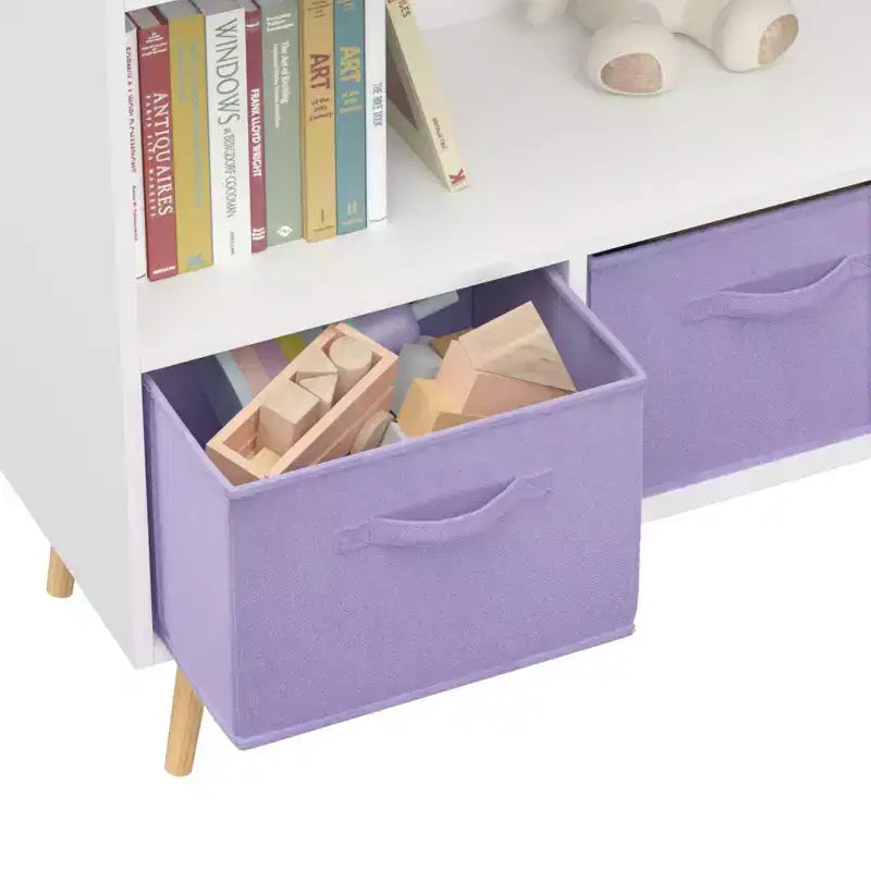 MAYEERTY Kid Bookshelf with Collapsible Fabric Drawers Toy Storage Cabinet Orangizer White and Purple