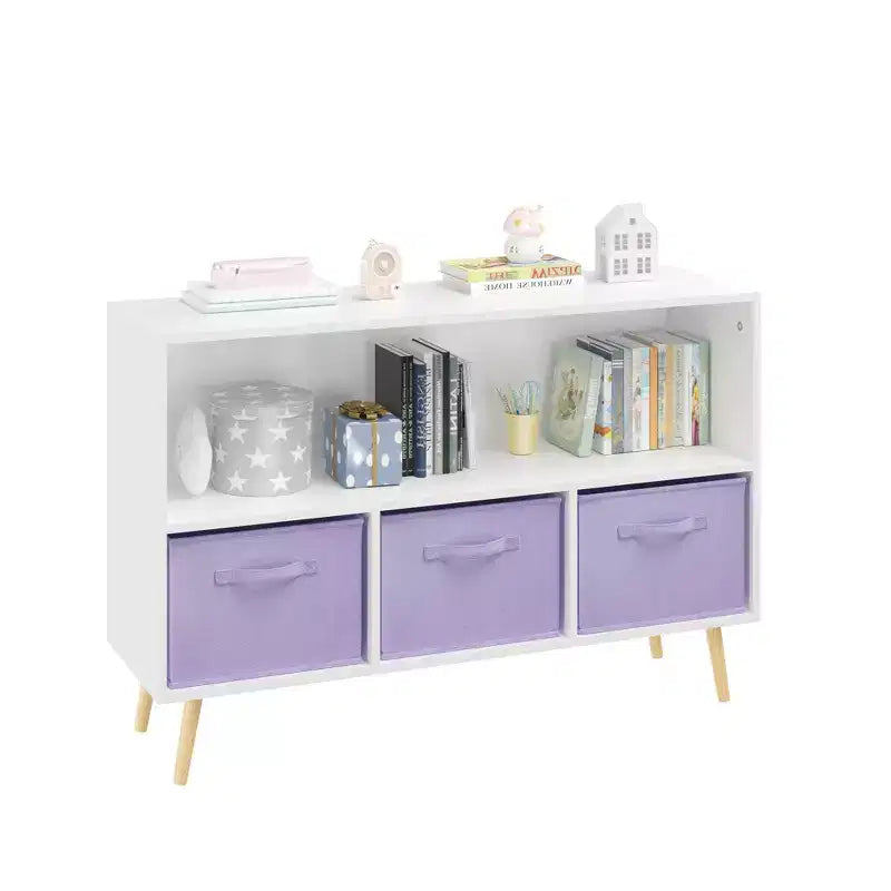 MAYEERTY Kid Bookshelf with Collapsible Fabric Drawers Toy Storage Cabinet Orangizer White and Purple