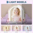 Acekool Kids Vanity with Lighted Mirror & Stool, Adjustable LED, Drawer, Storage Shelves, Makeup Desk for Girls Ages 3-9, White