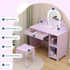 Acekool Kids Vanity with Lighted Mirror & Stool, Adjustable LED, Drawer, Storage Shelves, Makeup Desk for Girls Ages 3-9, White