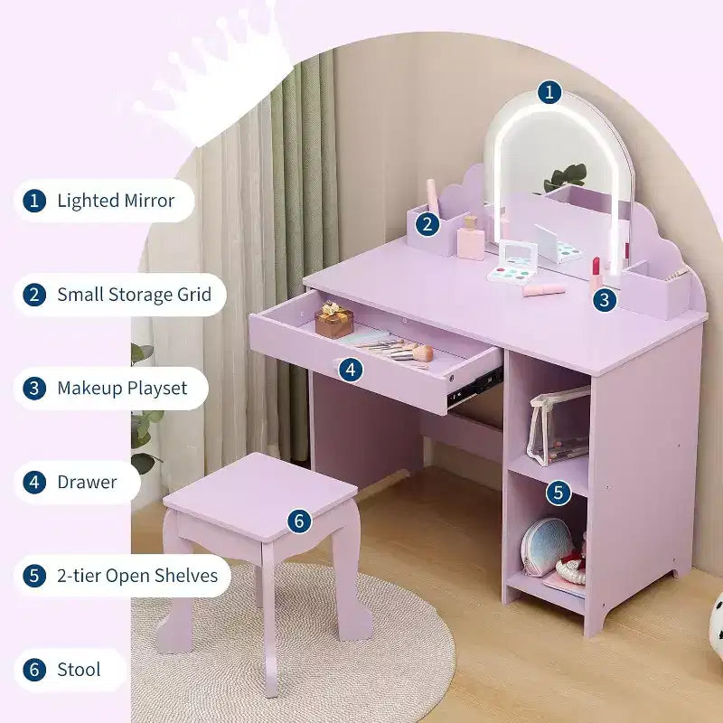 Acekool Kids Vanity with Lighted Mirror & Stool, Adjustable LED, Drawer, Storage Shelves, Makeup Desk for Girls Ages 3-9, White