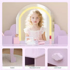 Acekool Kids Vanity with Lighted Mirror & Stool, Adjustable LED, Drawer, Storage Shelves, Makeup Desk for Girls Ages 3-9, White