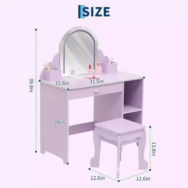 Acekool Kids Vanity with Lighted Mirror & Stool, Adjustable LED, Drawer, Storage Shelves, Makeup Desk for Girls Ages 3-9, White