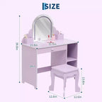 Acekool Kids Vanity with Lighted Mirror & Stool, Adjustable LED, Drawer, Storage Shelves, Makeup Desk for Girls Ages 3-9, White