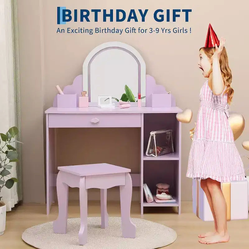 Acekool Kids Vanity with Lighted Mirror & Stool, Adjustable LED, Drawer, Storage Shelves, Makeup Desk for Girls Ages 3-9, White