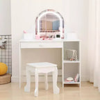 Acekool Kids Vanity with Lighted Mirror & Stool, Adjustable LED, Drawer, Storage Shelves, Makeup Desk for Girls Ages 3-9, White