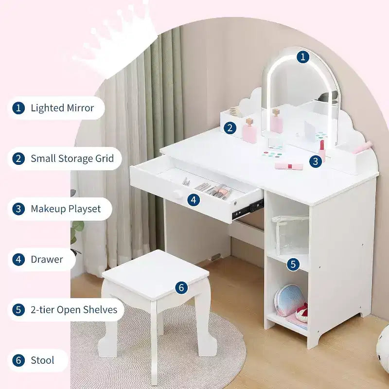 Acekool Kids Vanity with Lighted Mirror & Stool, Adjustable LED, Drawer, Storage Shelves, Makeup Desk for Girls Ages 3-9, White