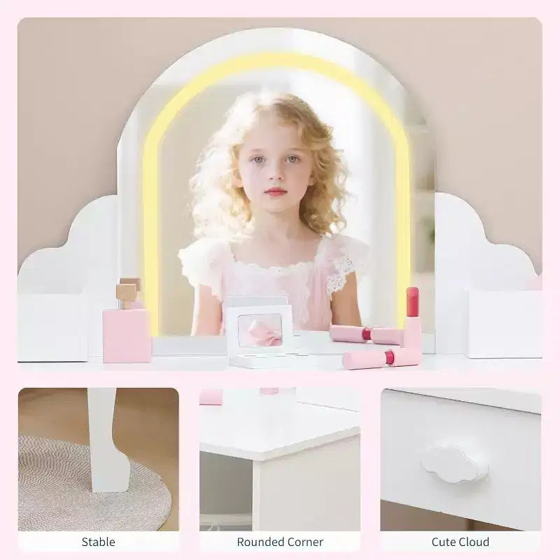 Acekool Kids Vanity with Lighted Mirror & Stool, Adjustable LED, Drawer, Storage Shelves, Makeup Desk for Girls Ages 3-9, White