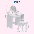 Acekool Kids Vanity with Lighted Mirror & Stool, Adjustable LED, Drawer, Storage Shelves, Makeup Desk for Girls Ages 3-9, White