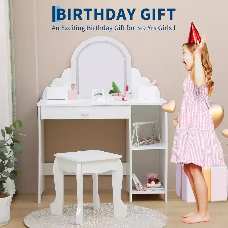 Acekool Kids Vanity with Lighted Mirror & Stool, Adjustable LED, Drawer, Storage Shelves, Makeup Desk for Girls Ages 3-9, White