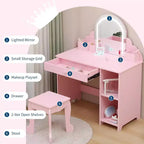 Acekool Kids Vanity with Lighted Mirror & Stool, Adjustable LED, Drawer, Storage Shelves, Makeup Desk for Girls Ages 3-9, White