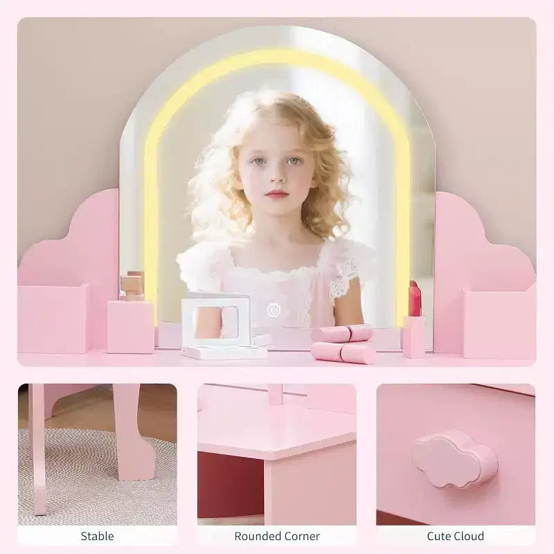 Acekool Kids Vanity with Lighted Mirror & Stool, Adjustable LED, Drawer, Storage Shelves, Makeup Desk for Girls Ages 3-9, White