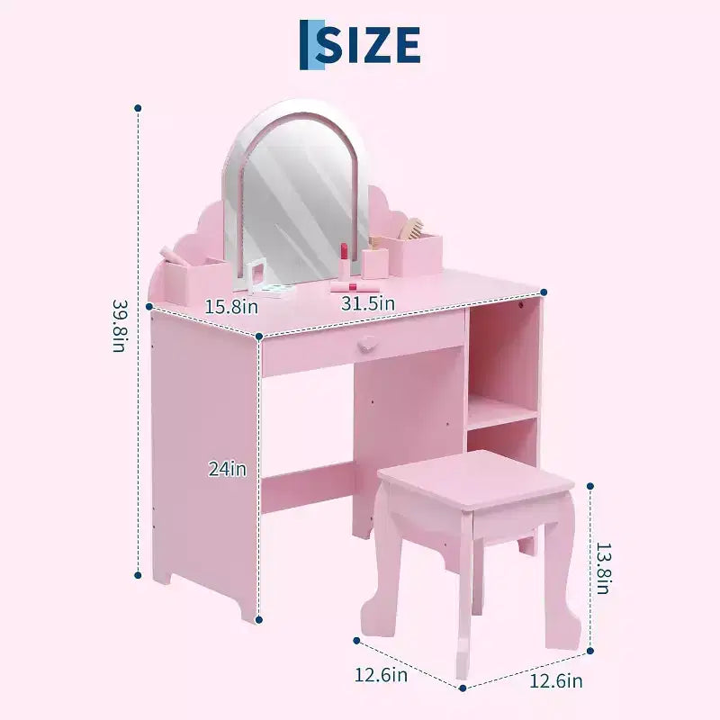 Acekool Kids Vanity with Lighted Mirror & Stool, Adjustable LED, Drawer, Storage Shelves, Makeup Desk for Girls Ages 3-9, White