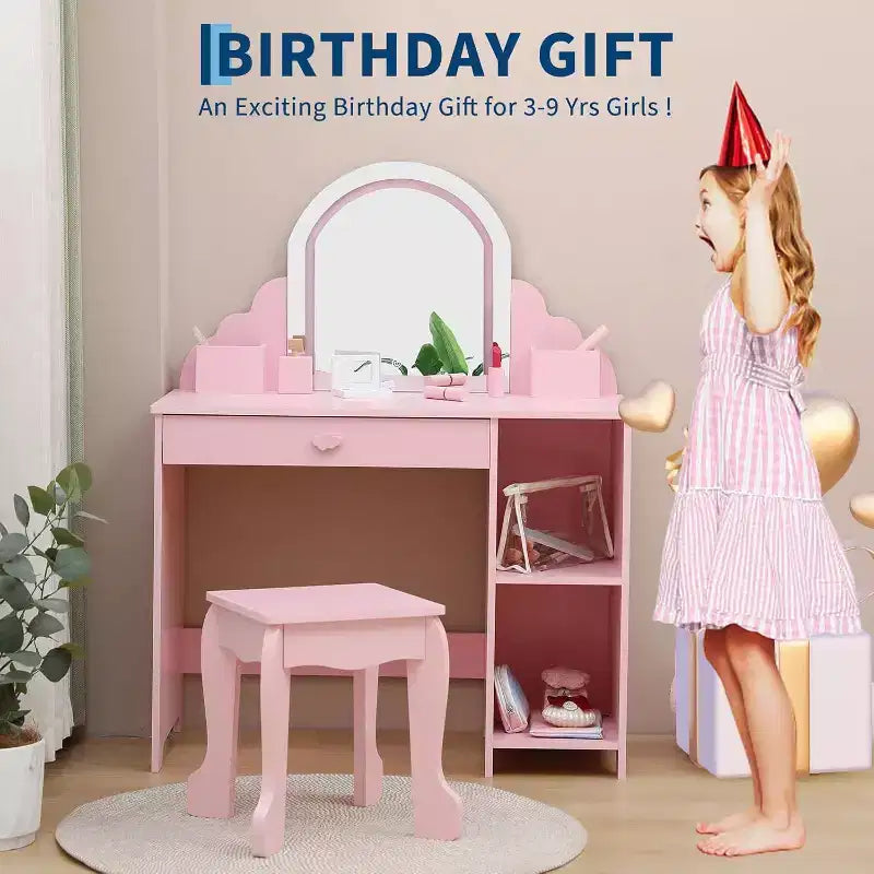 Acekool Kids Vanity with Lighted Mirror & Stool, Adjustable LED, Drawer, Storage Shelves, Makeup Desk for Girls Ages 3-9, White