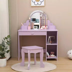 Acekool Kids Vanity with Lighted Mirror & Stool, Adjustable LED, Drawer, Storage Shelves, Makeup Desk for Girls Ages 3-9, White