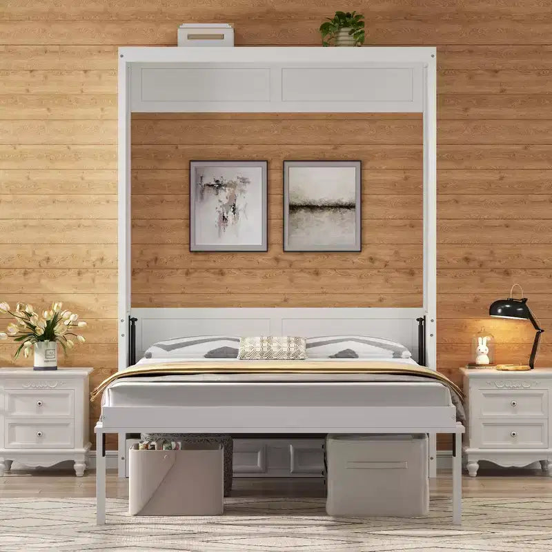 Whisen Minimalist Full Size Murphy Bed Cabinet Bed Wall Bed with 2 Drawers - Beige
