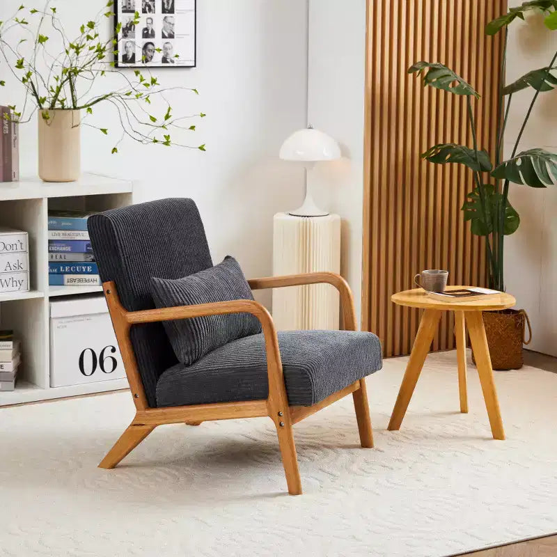 Zeus & Ruta Mid-Century Modern Upholstered Accent Armchair with Pillow and Solid Wood Frame
