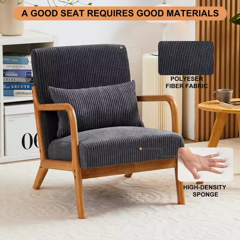 Zeus & Ruta Mid-Century Modern Upholstered Accent Armchair with Pillow and Solid Wood Frame