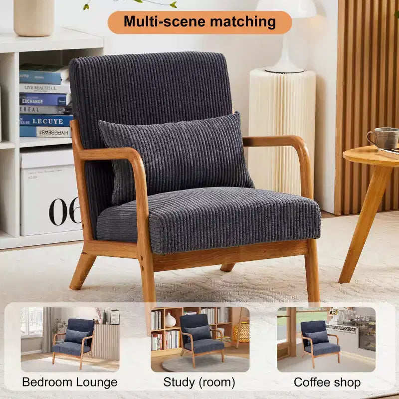 Zeus & Ruta Mid-Century Modern Upholstered Accent Armchair with Pillow and Solid Wood Frame