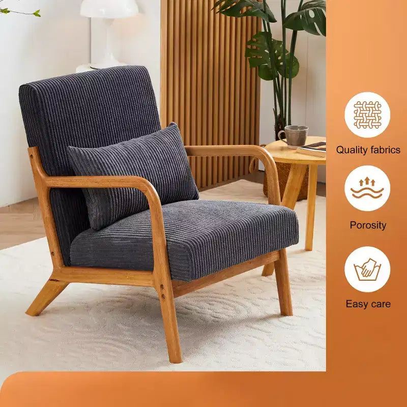 Zeus & Ruta Mid-Century Modern Upholstered Accent Armchair with Pillow and Solid Wood Frame