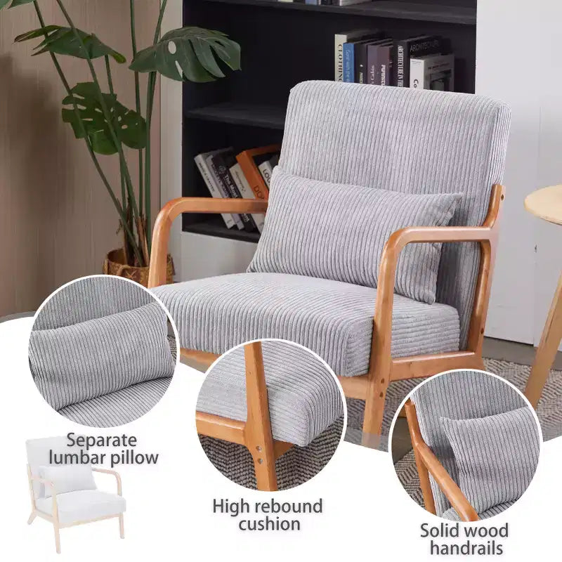 Zeus & Ruta Mid-Century Modern Upholstered Accent Armchair with Pillow and Solid Wood Frame