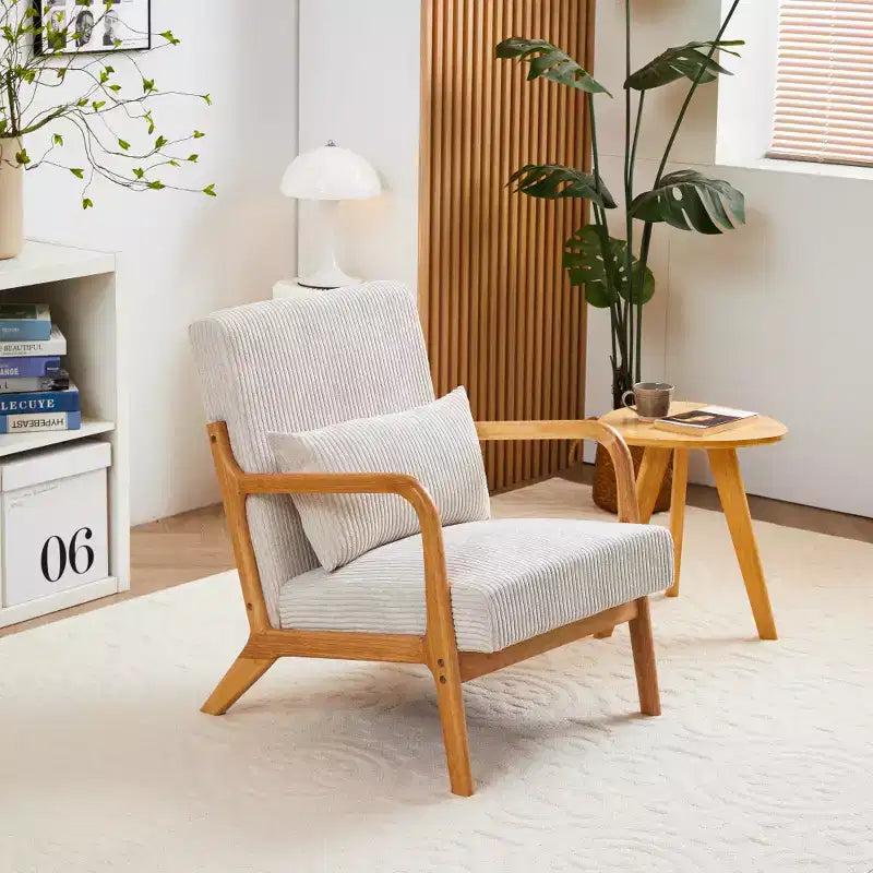 Zeus & Ruta Mid-Century Modern Upholstered Accent Armchair with Pillow and Solid Wood Frame