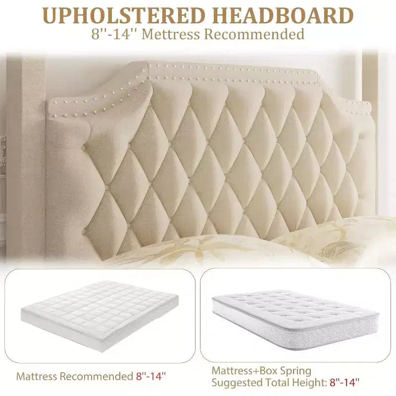 Acekool Queen Canopy Bed - Upholstered Headboard