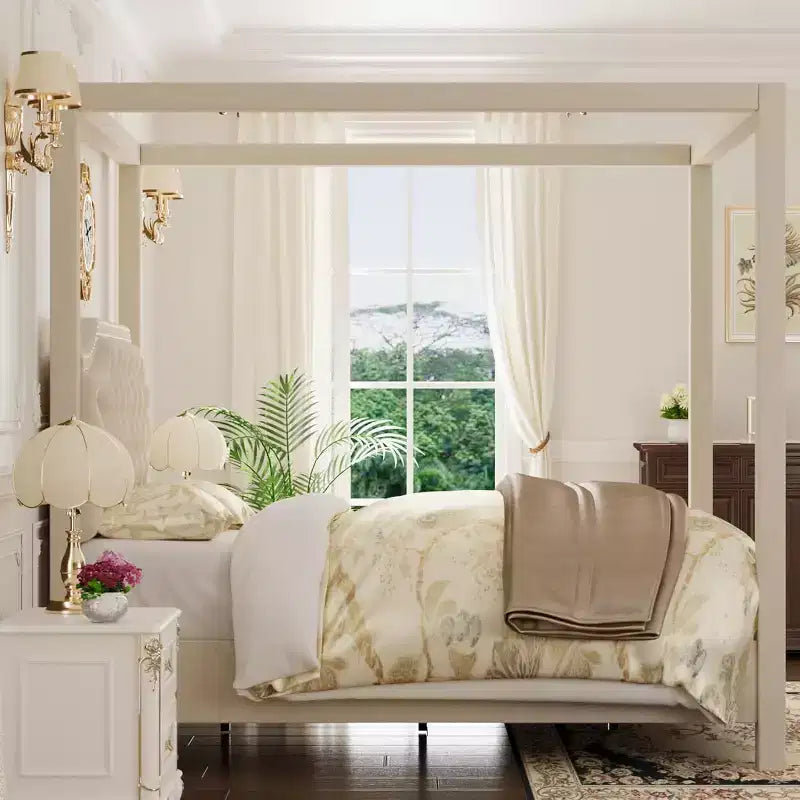 Acekool Queen Canopy Bed - Upholstered Headboard