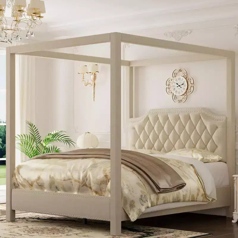 Acekool Queen Canopy Bed - Upholstered Headboard