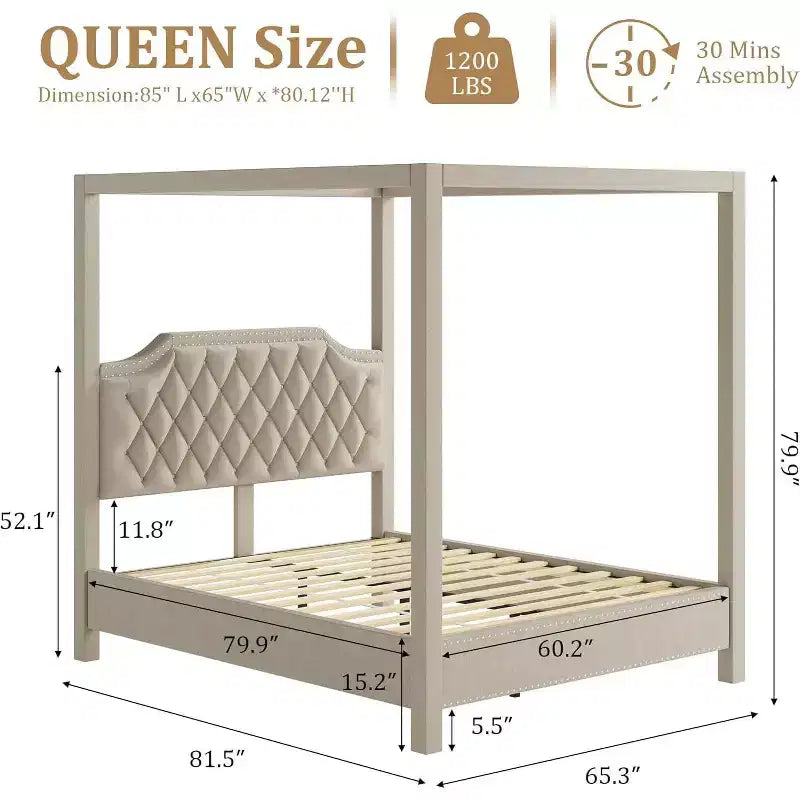 Acekool Queen Canopy Bed - Upholstered Headboard